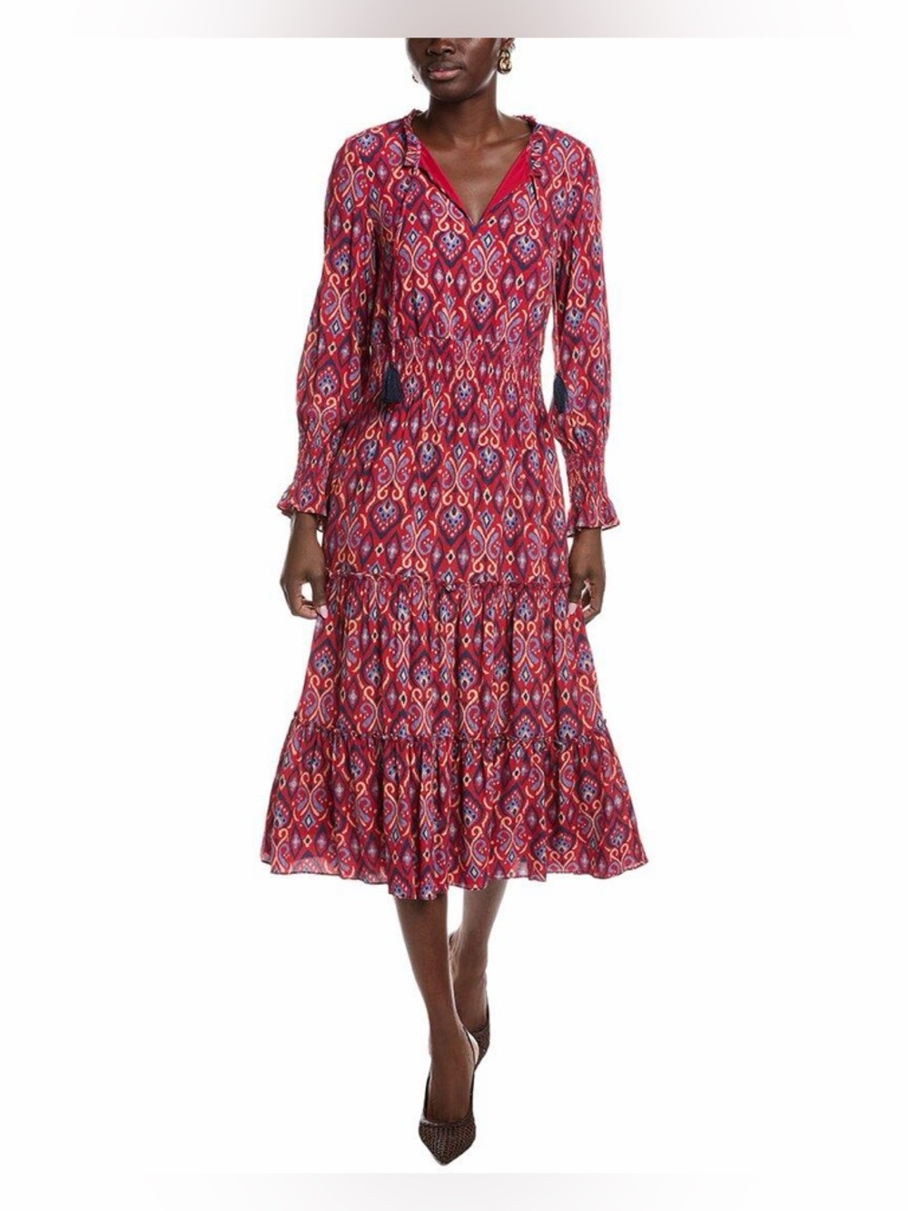 Sail to Sable IKAT Smocked Waist Red and Blue Patterned Tiered Midi Dress